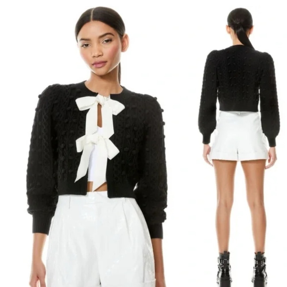 Alice + Olivia Black Textured Cardigan with White Bows Size Medium